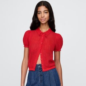Gap × DÔEN Womens Linen-Blend Short Sleeve Bow Cardigan Red Size XS Coquette NWT
